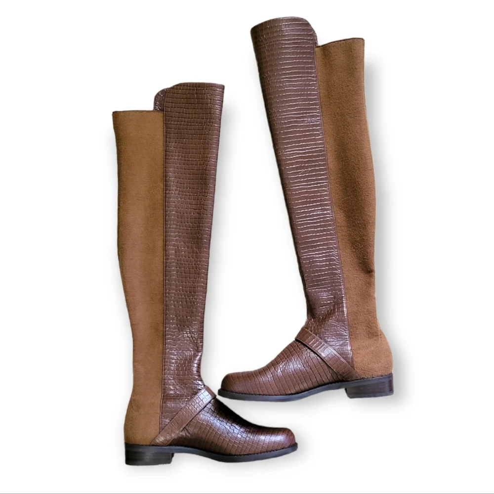 Stuart Weitzman Siella Leather Croc Embossed Riding Boots Gold Buckle 6